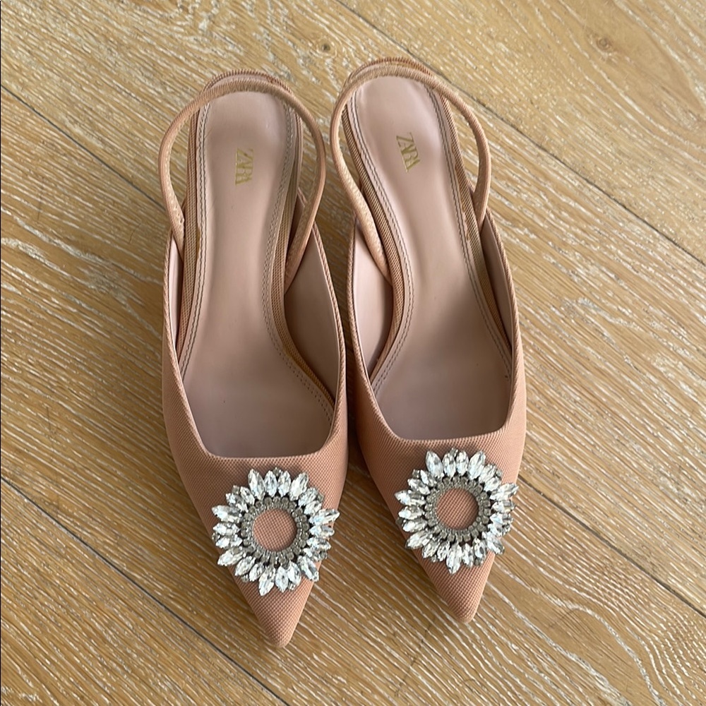 Zara Women's Nude Slingback Heels with Crystal Embellishment